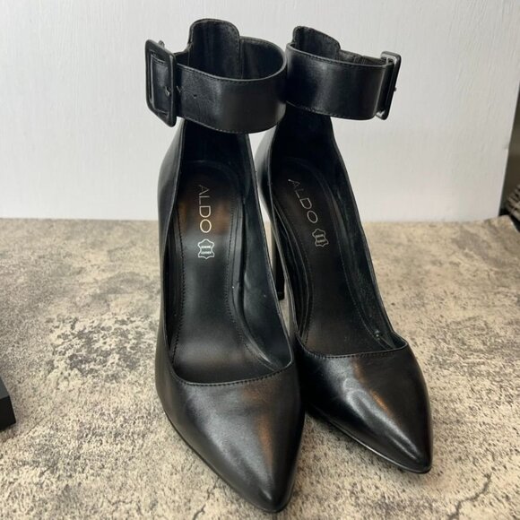 Aldo Black Pointy Toe Ankle Buckle Stiletto Heels Size 8.5 - Picture 4 of 13